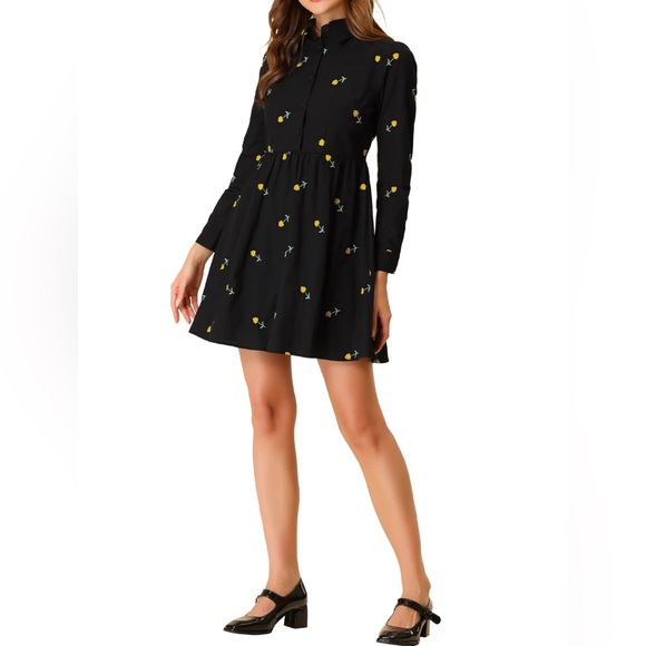 NWT Allegra K Casual Long SleeveEmbroidered Floral Mini Shirt Dress - Picture 3 of 4